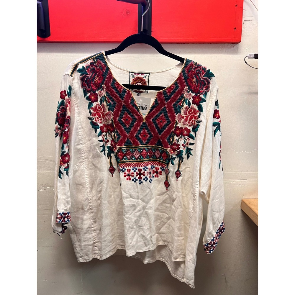 Johnny Was White with Pink & Teal Embroidery Floral Pattern Blouse